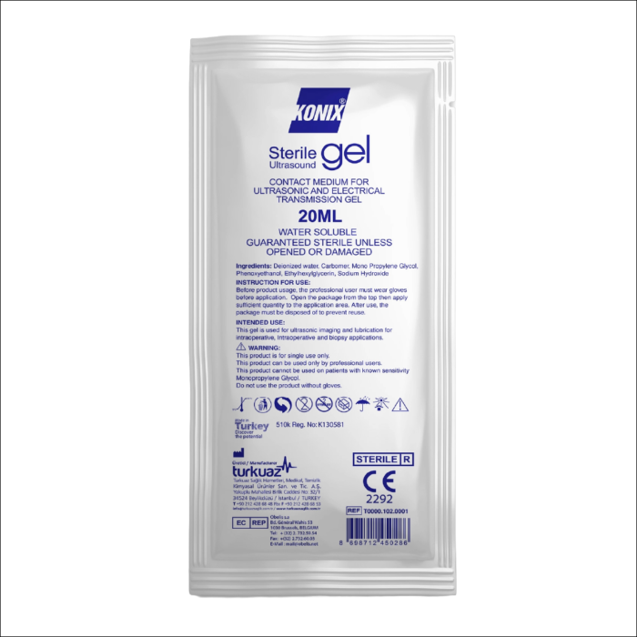 Konix ultrasound gel sachet for medical ultrasound imaging and diagnostics