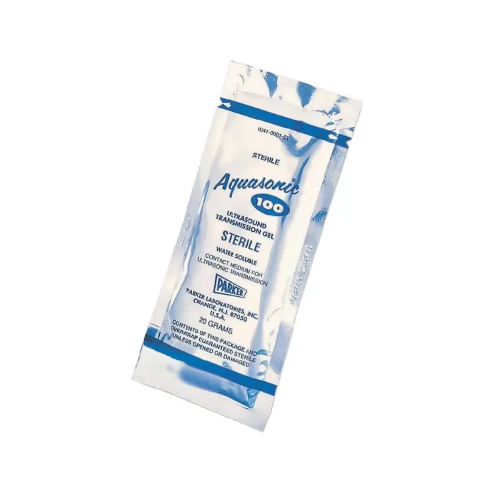 Sterile Aquasonic 100 Ultrasound Transmission Gel sachets for medical ultrasound imaging and diagnostics when sterility is indicated